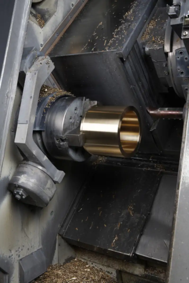 Bronzina in lega di bronzo lavorata al tornio nell’officina meccanica BOA, tra i trucioli di lavorazione
